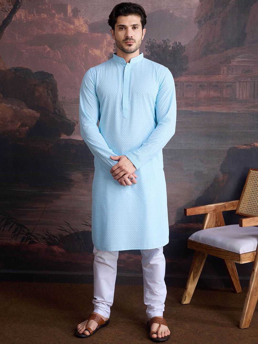

House of Pataudi Floral Embroidered Mandarin Collar Chikankari Cotton Straight Kurta, Blue