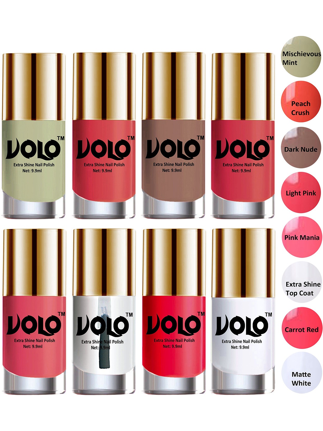 

VOLO Set Of 8 New Look Extra Lasting Nail Polish - 9.9 ml Each - Combo-No-05, Pink