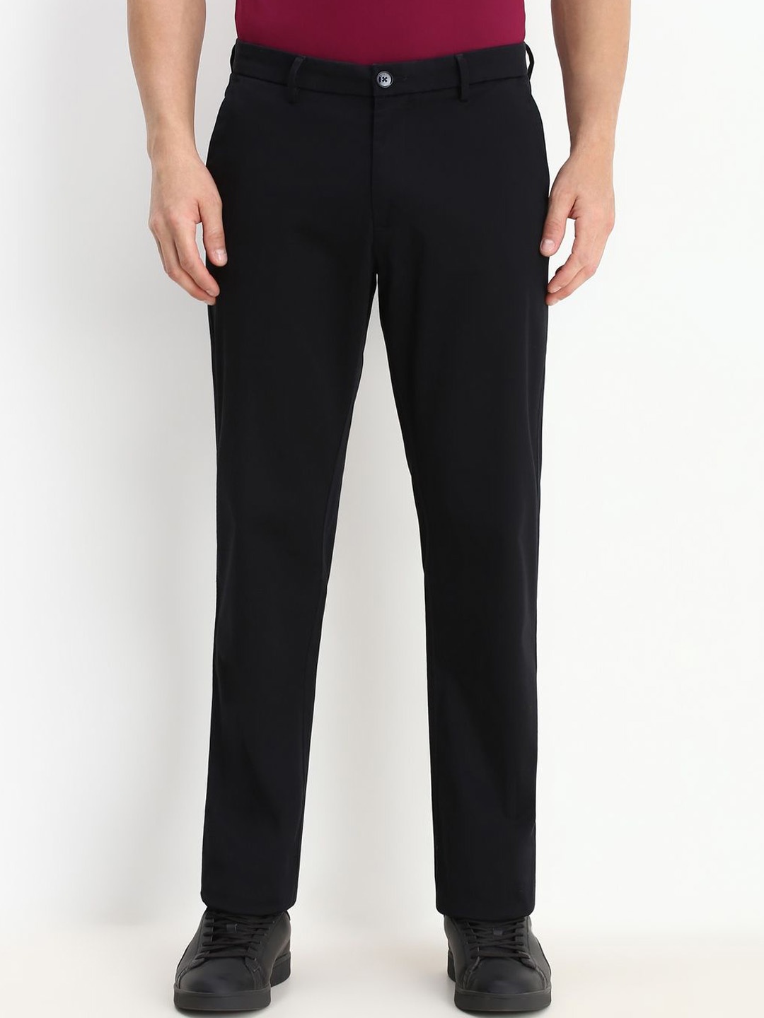 

Allen Solly Men Solid Cotton Slim Fit Formal Trousers, Black