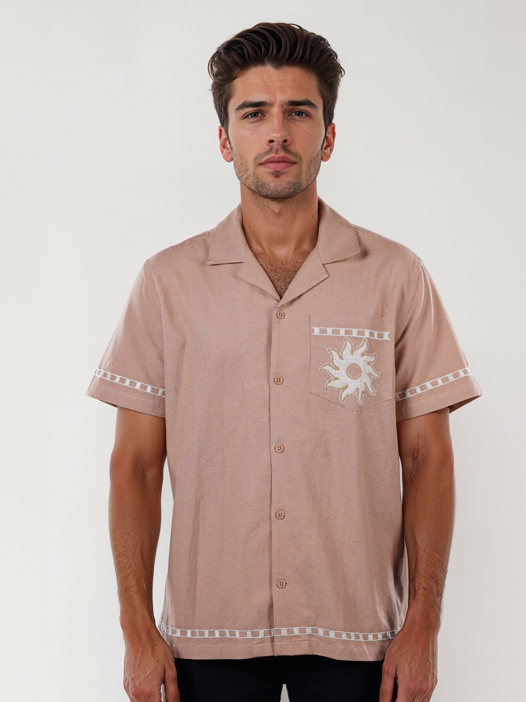 

Celio Men Classic Cuban Collar Graphic Printed Cotton Casual Shirt, Peach