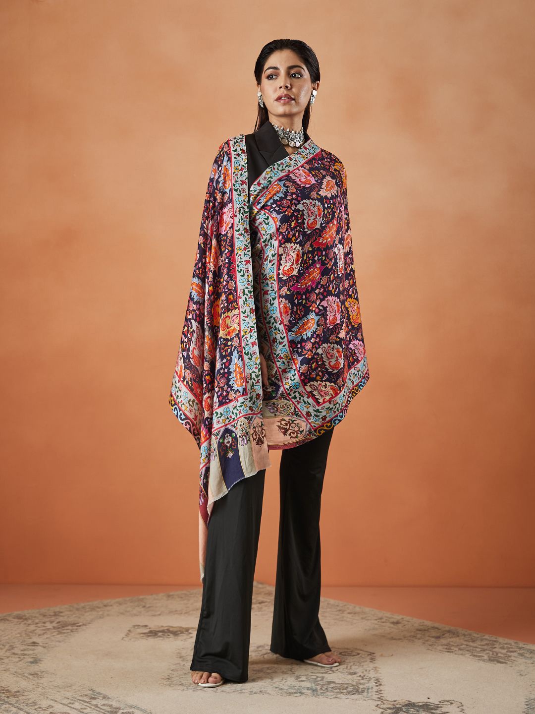 

Pashmoda Women Printed Stole, Navy blue