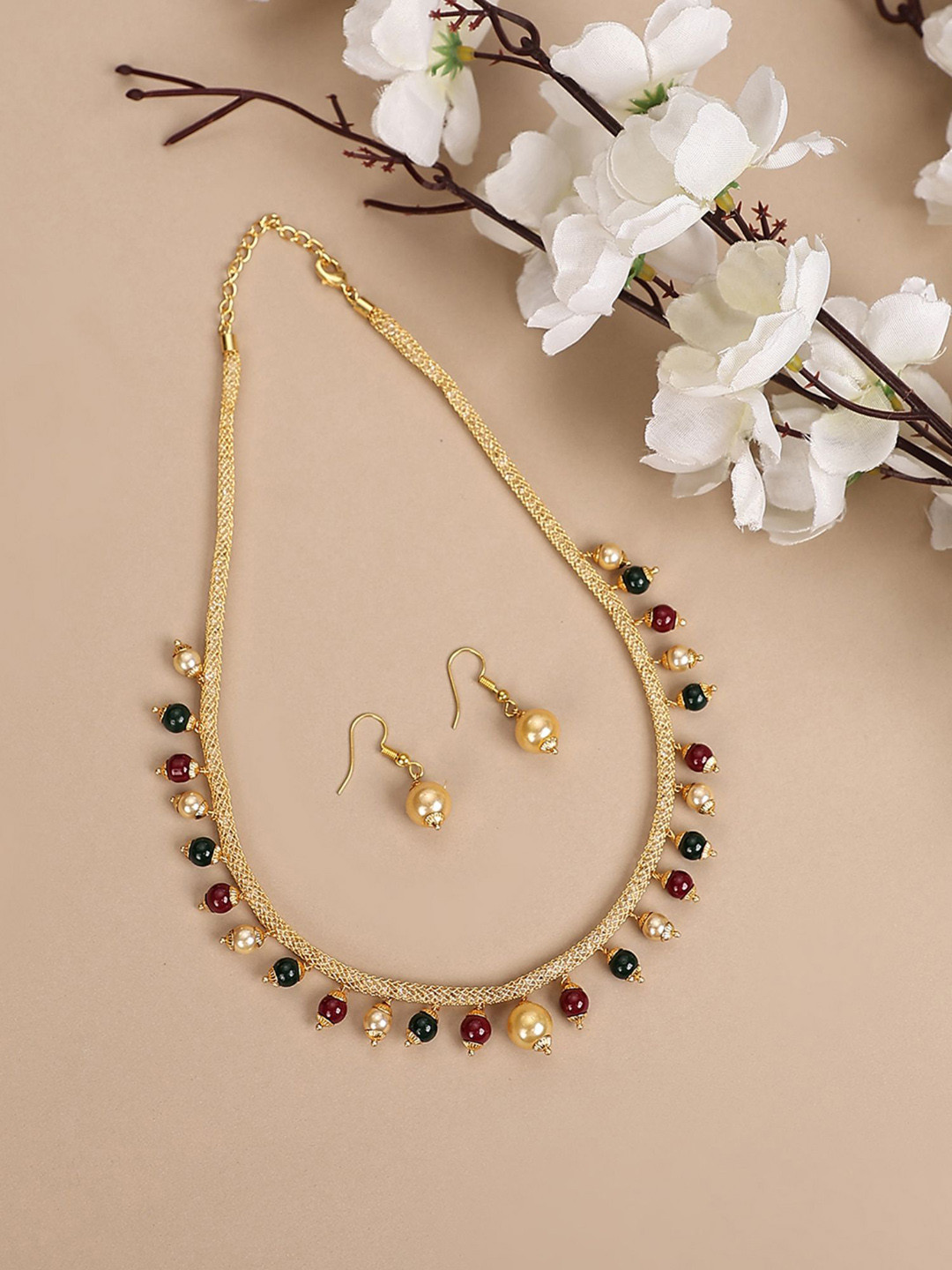 

ANIKAS CREATION Gold-Plated Beaded Necklace & Earrings