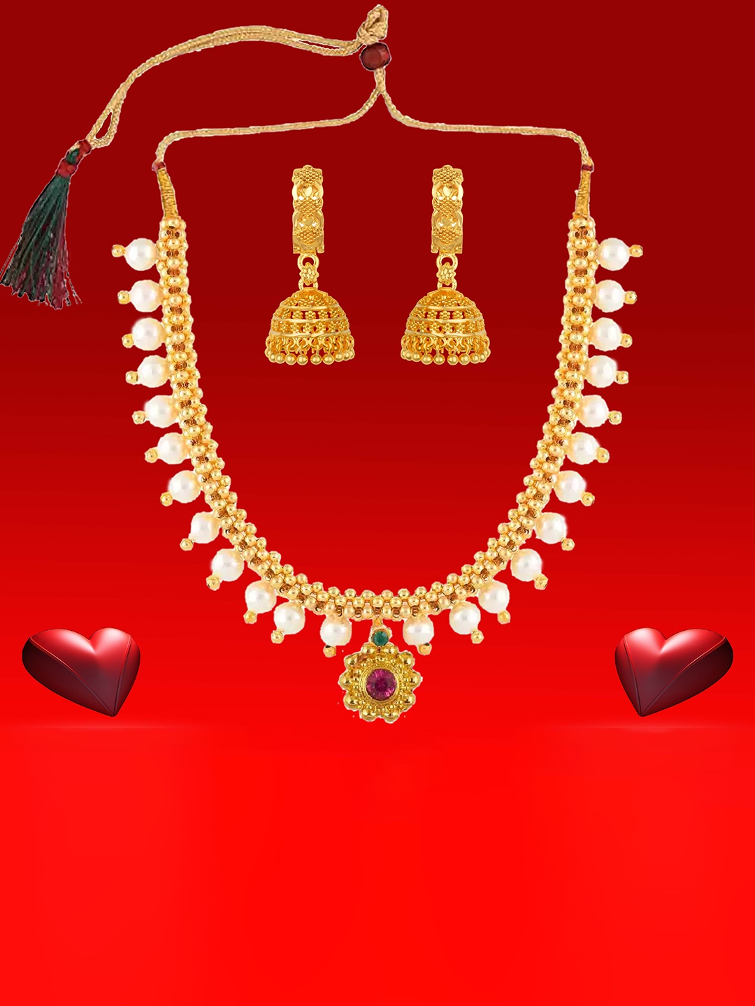 

Heer Collection Gold Plated Stone Studded & Beaded Matte Finish Jewellery Set