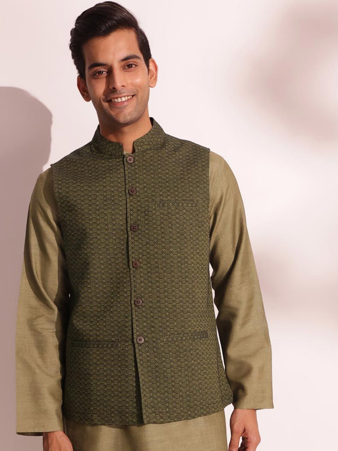 

Fabindia Printed Cotton Nehru Jacket, Green