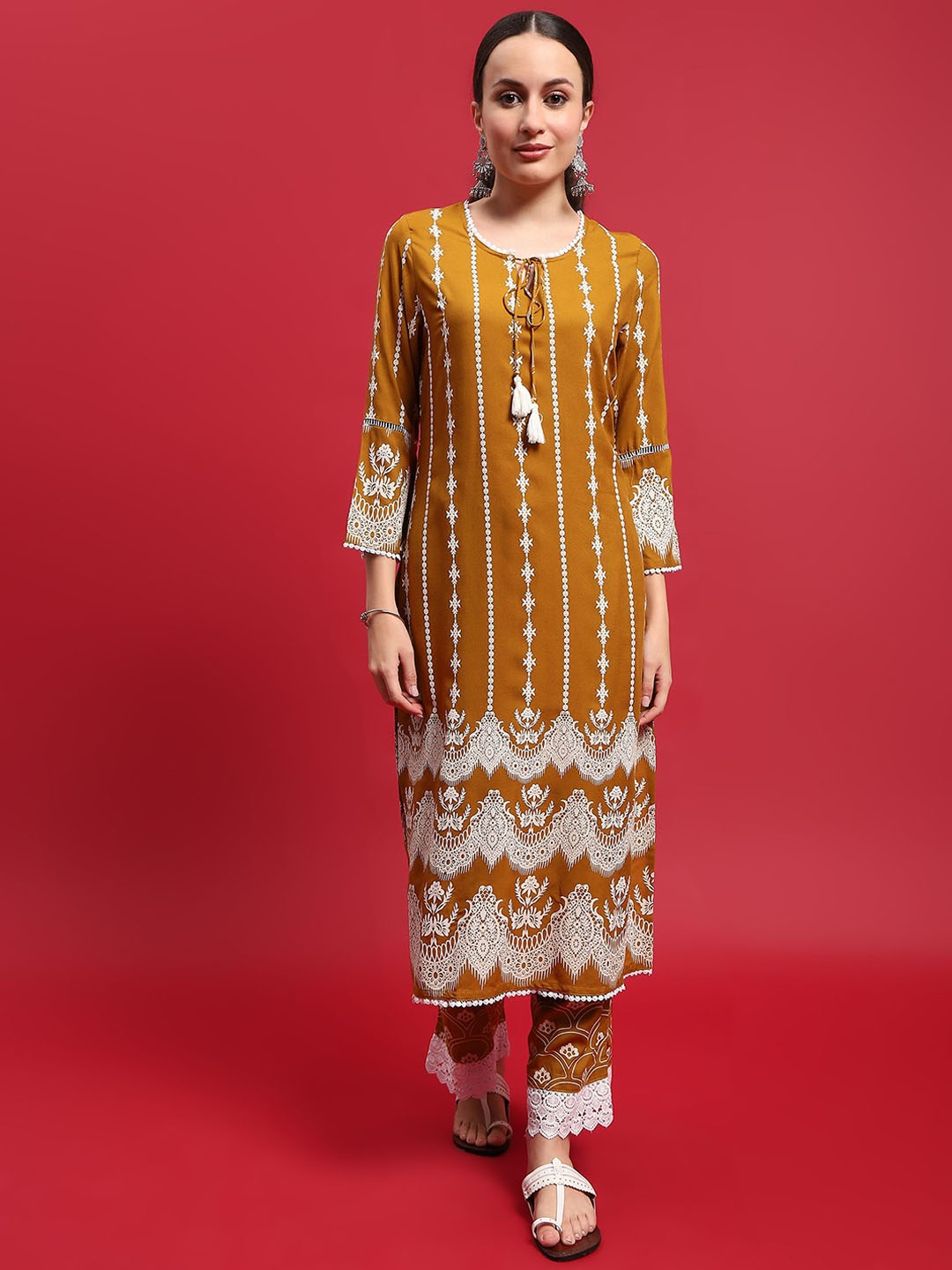 

Shree Ethnic Motifs Printed Thread Work Liva Straight Kurta with Trousers, Mustard