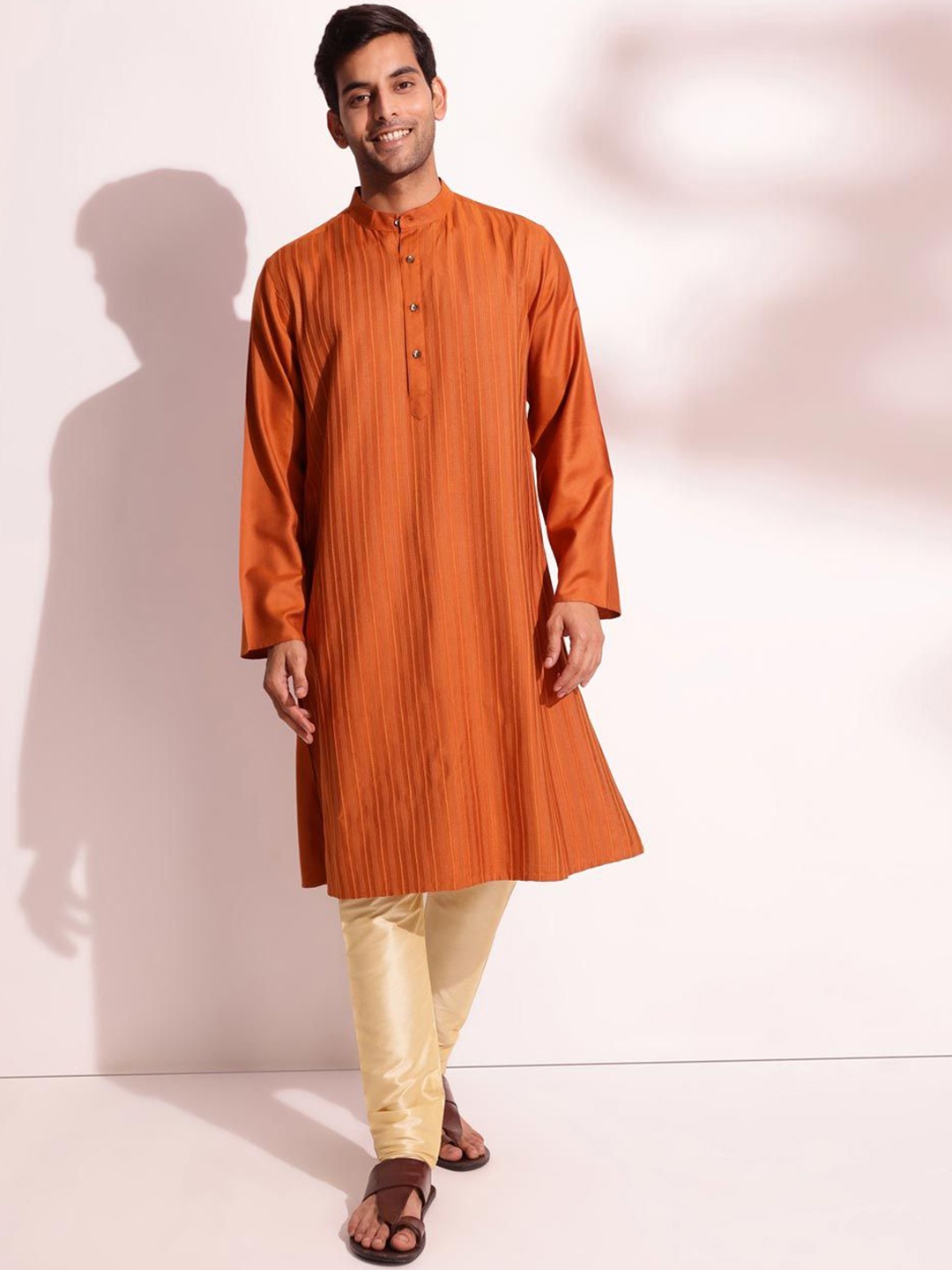 

Fabindia Woven Design Thread Work Band Collar Straight Kurta, Rust