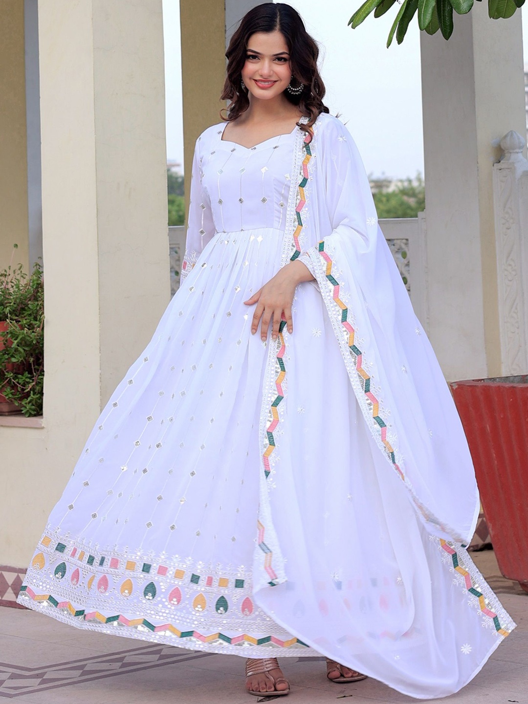 

KALINI Embroidered Sweetheart Neck Georgette Anarkali Kurta with Pyjama & Dupatta, White