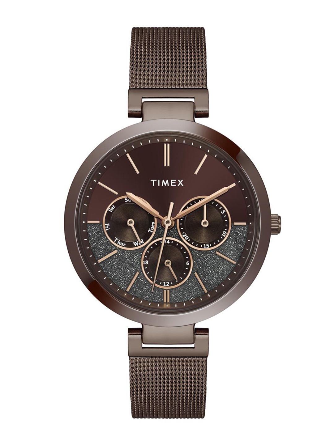 

Timex Women Brass Dial & Stainless Steel Bracelet Style Straps Analogue Multi Function Watch TWEL14507, Brown