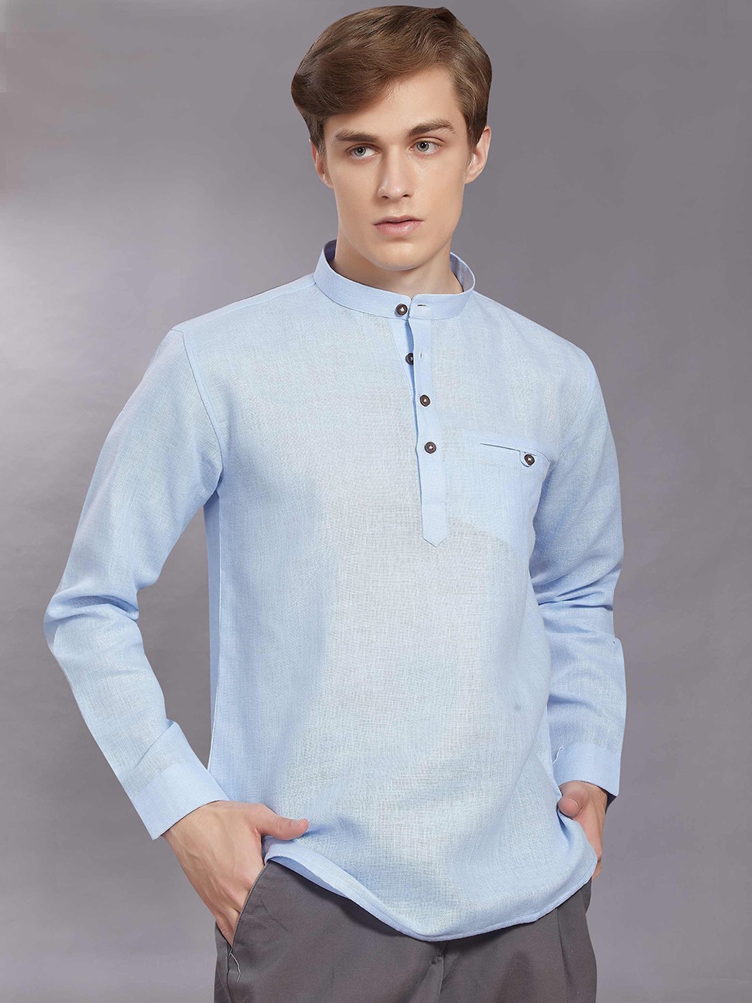 

DIVISIVE Woven Design Band Collar Pure Cotton Straight Kurta, Blue