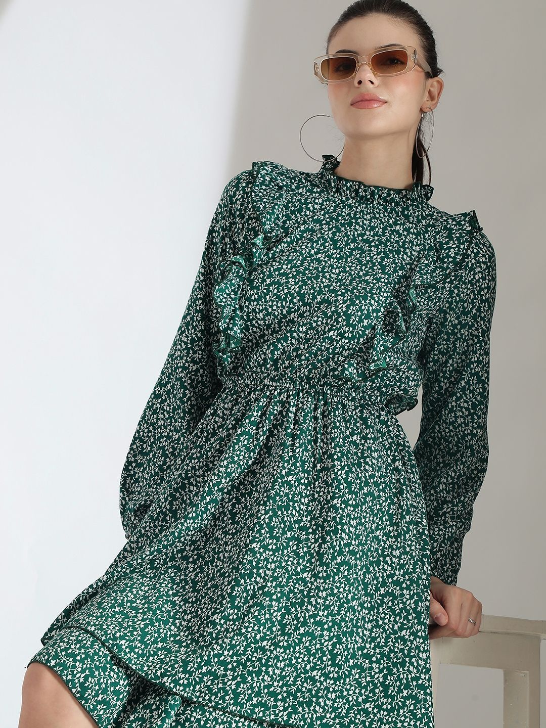 

Kotty Floral Printed Bishop Sleeve Ruffled Fit & Flare Dress, Green