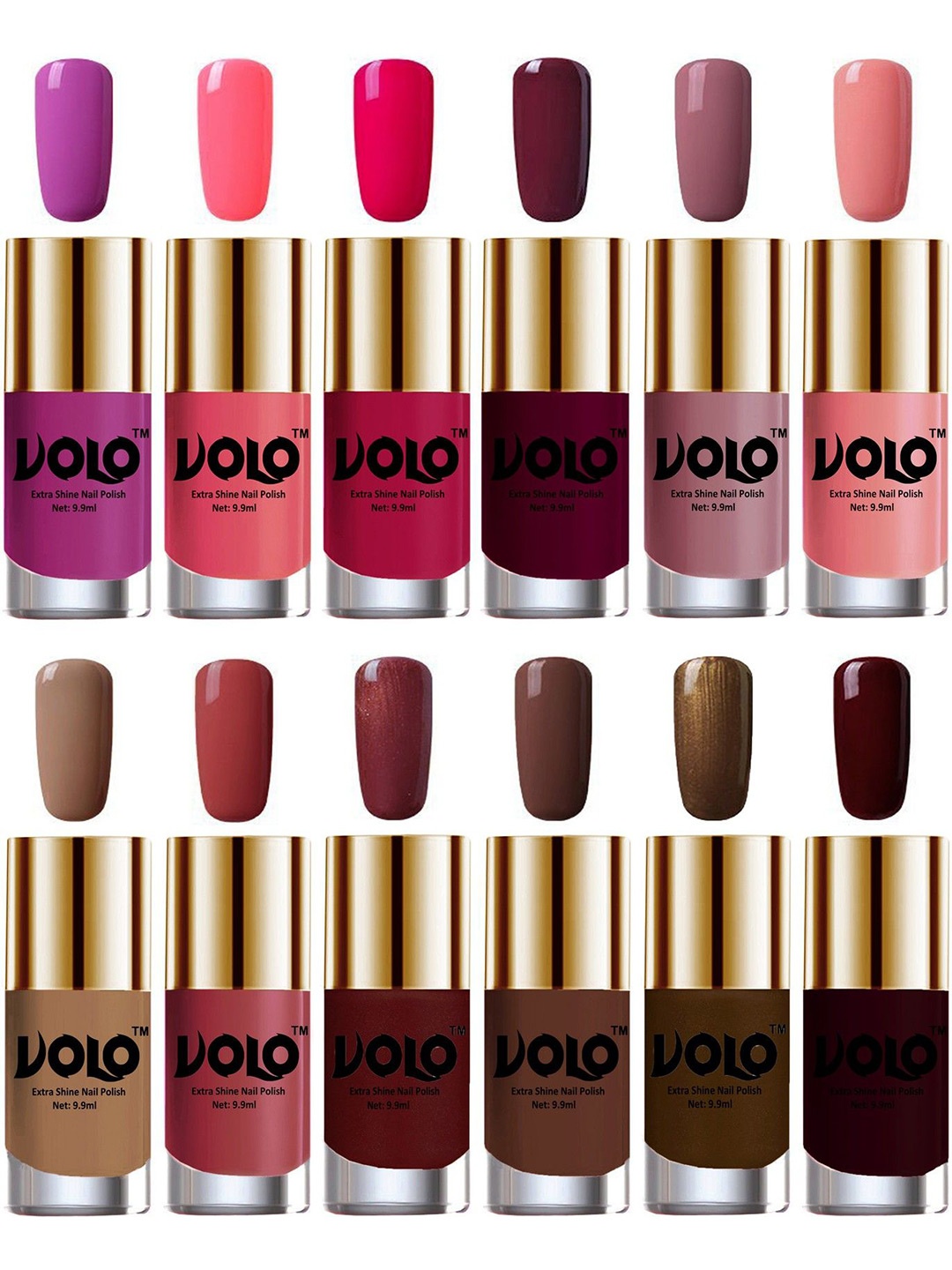 

VOLO Set Of 12 Luxury Super Shine Nail Polish - 9.9 ml Each-Combo-No-01, Multi