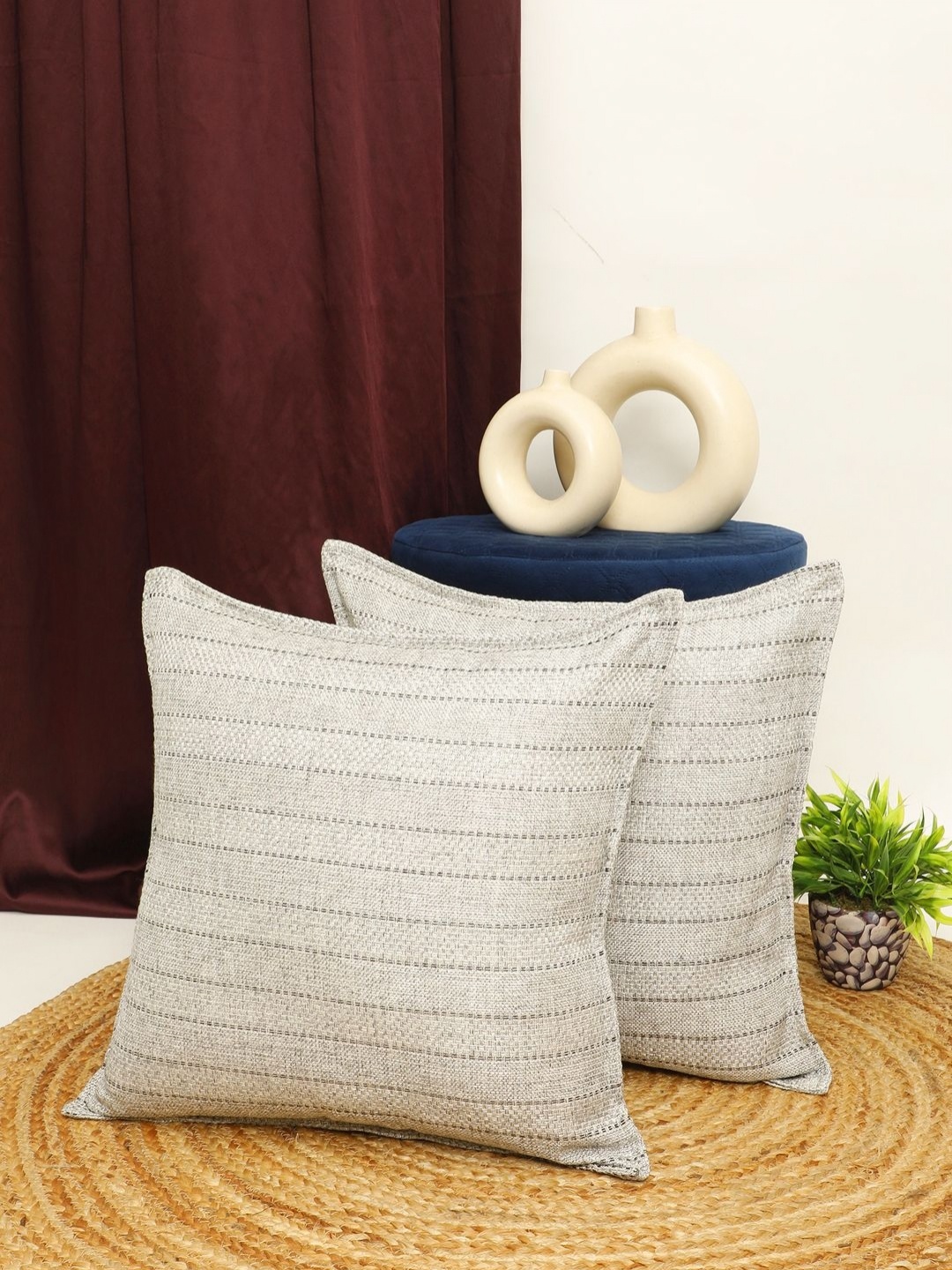 

THE CONVERSION Beige 2 Pieces Striped Square Cushion Covers