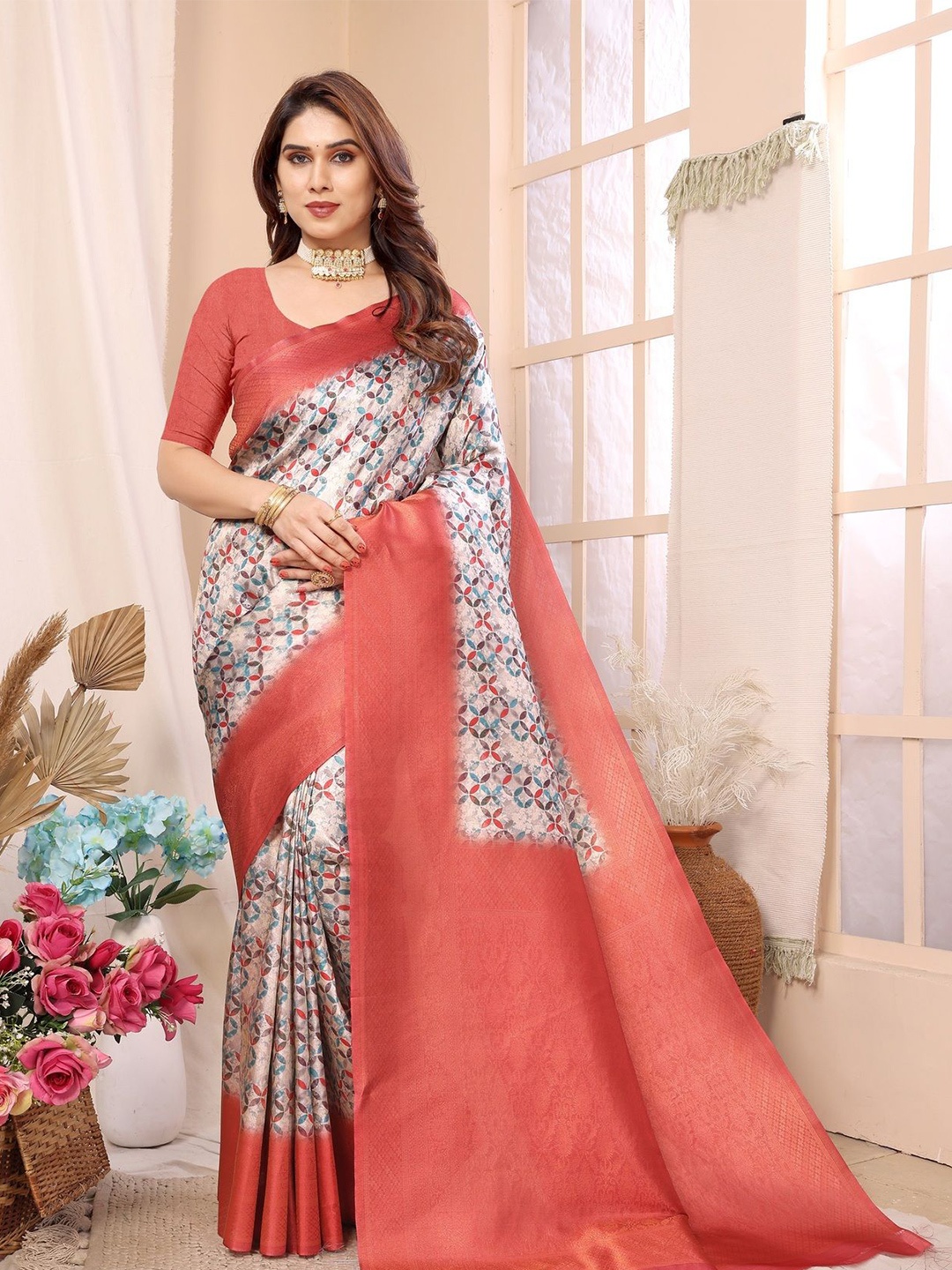 

Sidhidata Floral Printed Zari Banarasi Saree, White