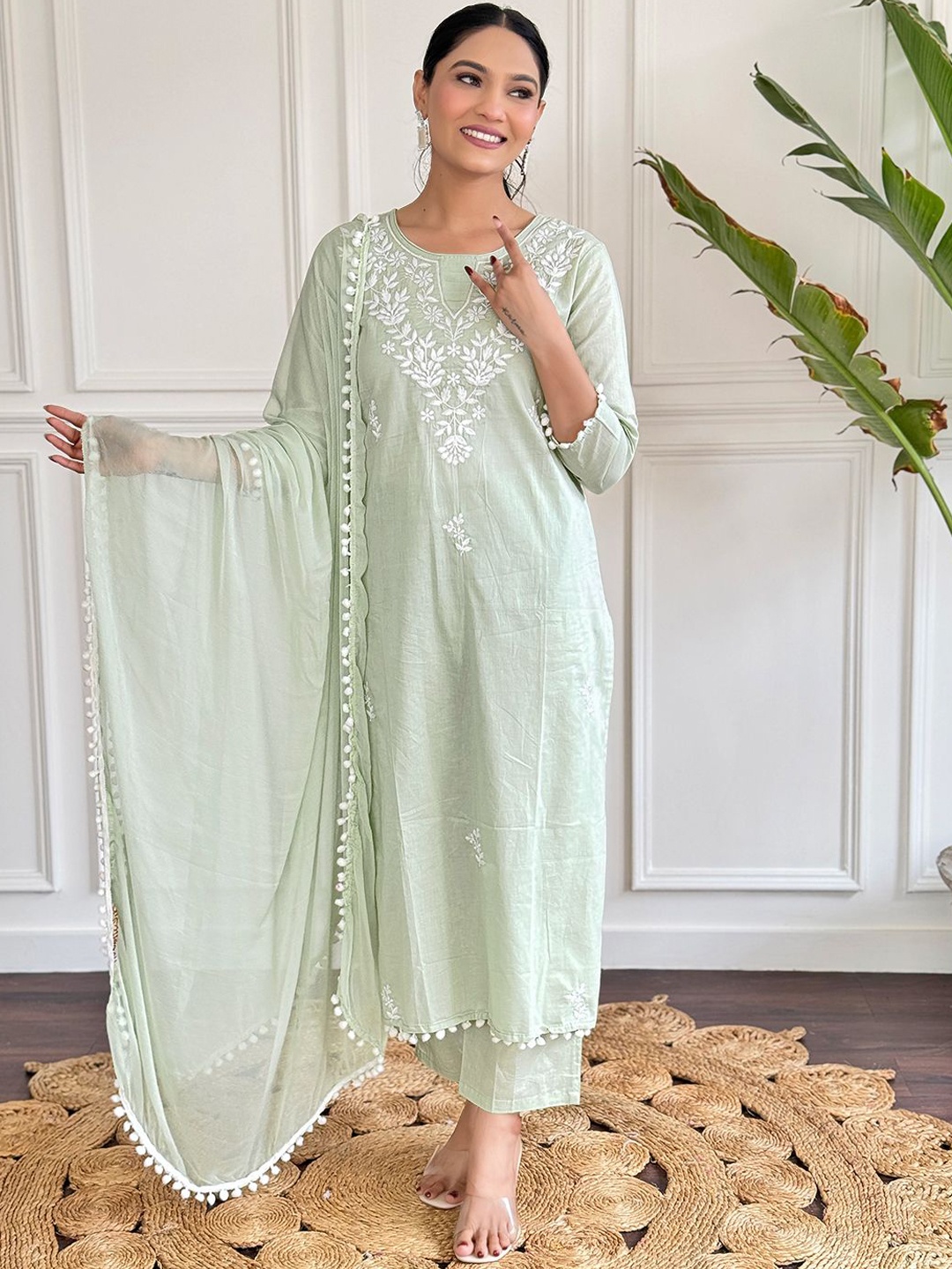 

KALINI Floral Yoke Design Chikankari Pure Cotton Kurta with Trousers & With Dupatta, Green