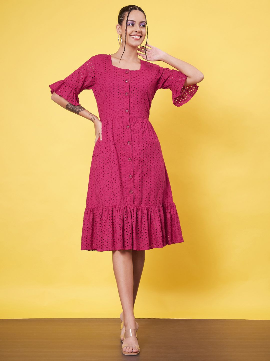 

Kannan Women Bell Sleeve A-Line Dress, Red