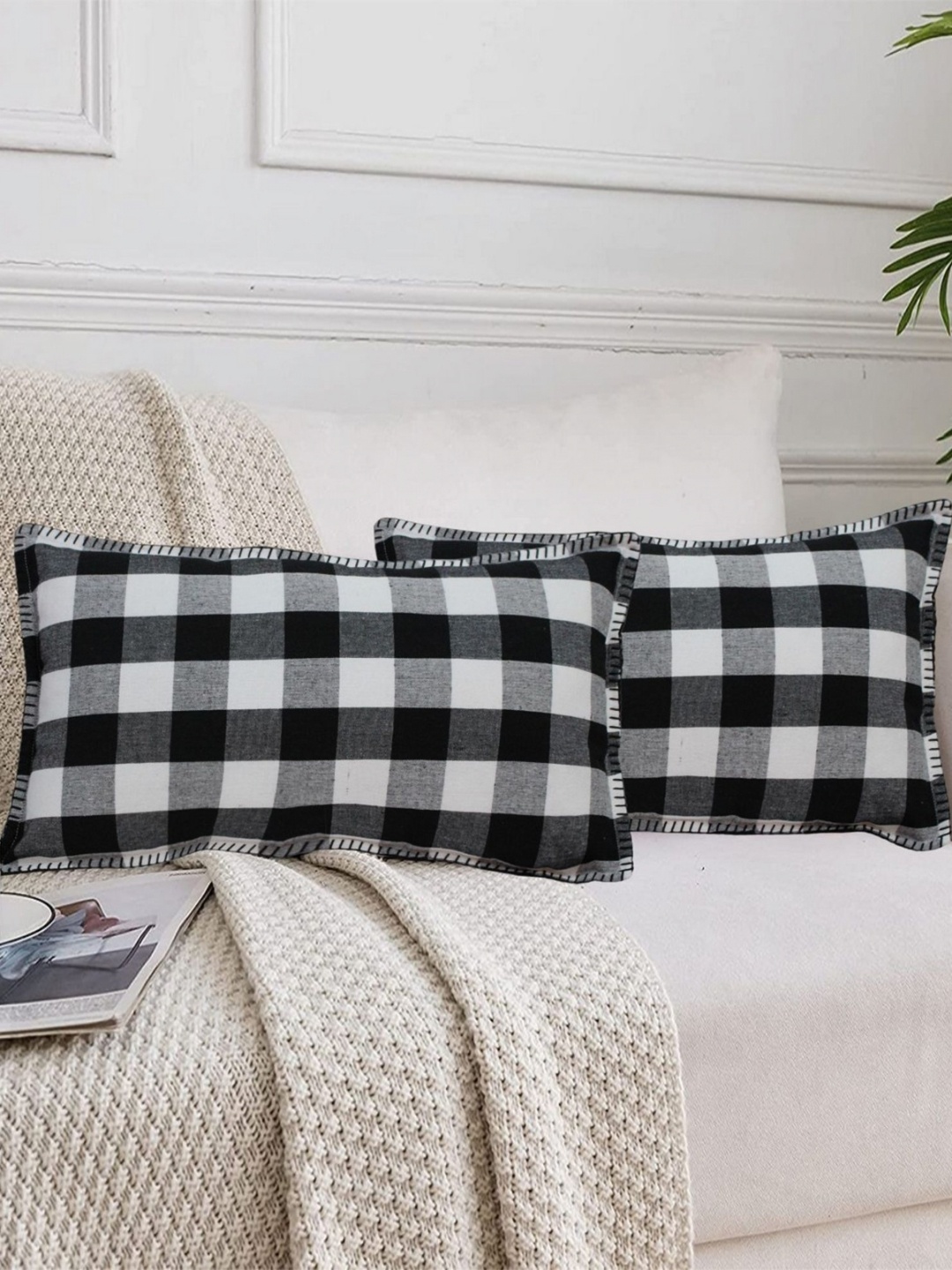 

Lushomes Black & White 2 Pieces Checked Cotton Rectangle Cushion Covers