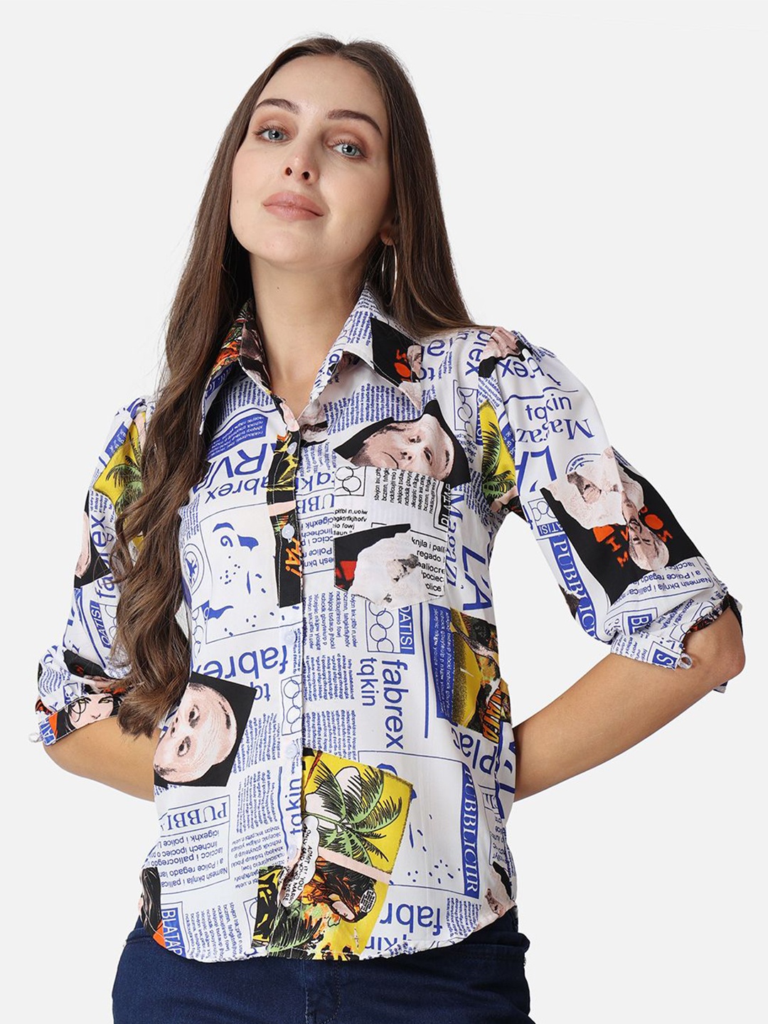 

BAESD Women Classic Spread Collar Typography Printed Crepe Casual Shirt, White