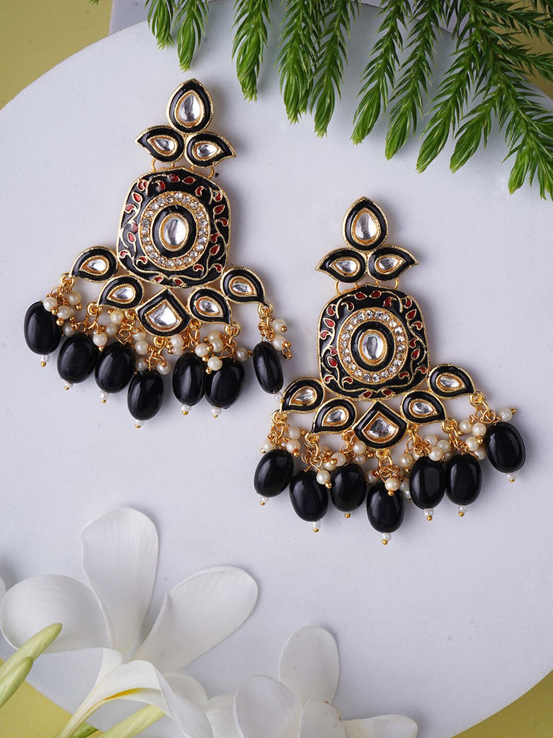 

Anouk Black Gold-Plated Kundan Studded Classic Drop Earrings