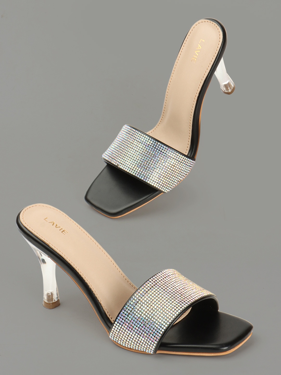 

Lavie Embellished Stone And Beads Party Slim Heeled Sandals, Black