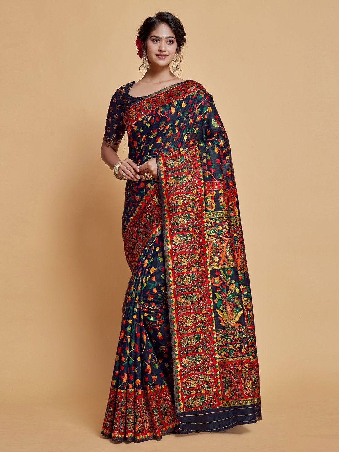 

MAHALASA Ethnic Motifs Pure Silk Banarasi Saree, Navy blue