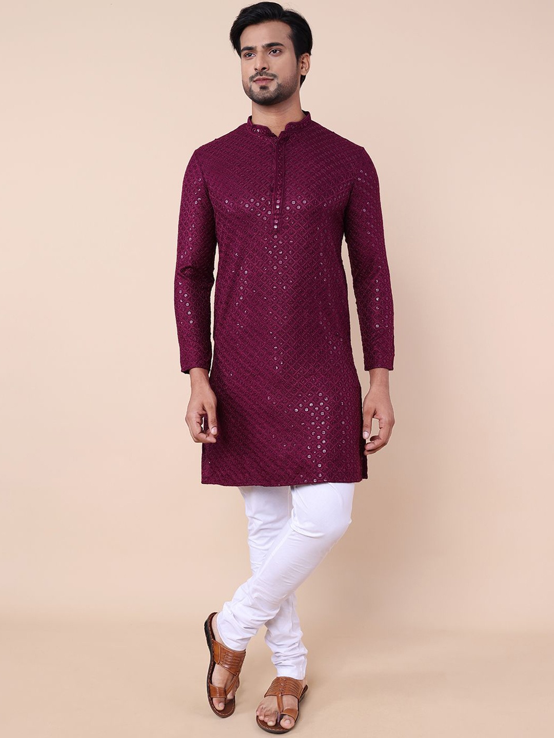 

NAMASKAR Geometric Sequinned Mandarin Collar Straight Kurta, Purple