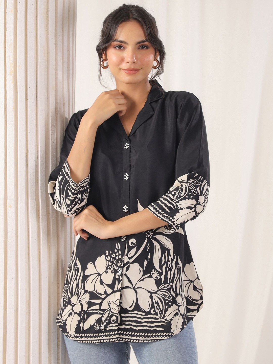 

JISORA Women Floral Printed Shirt Collar Pure Silk Top, Black