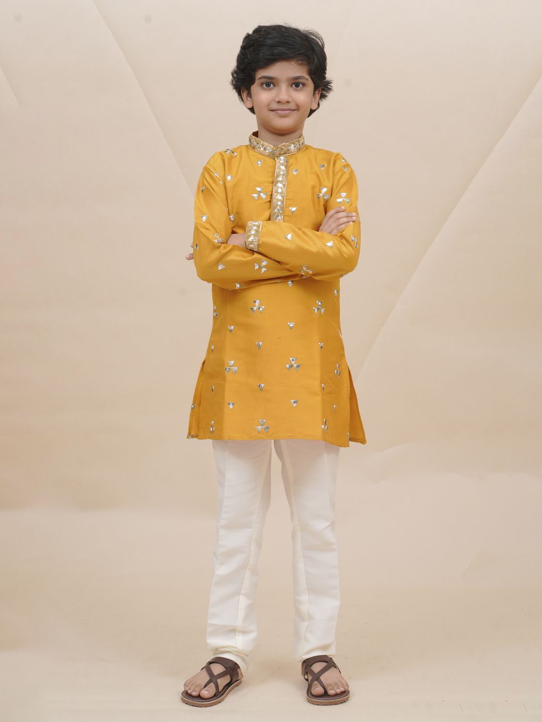 

Sangria Boys Embroidered Butty Work Kurta With Trousers, Yellow