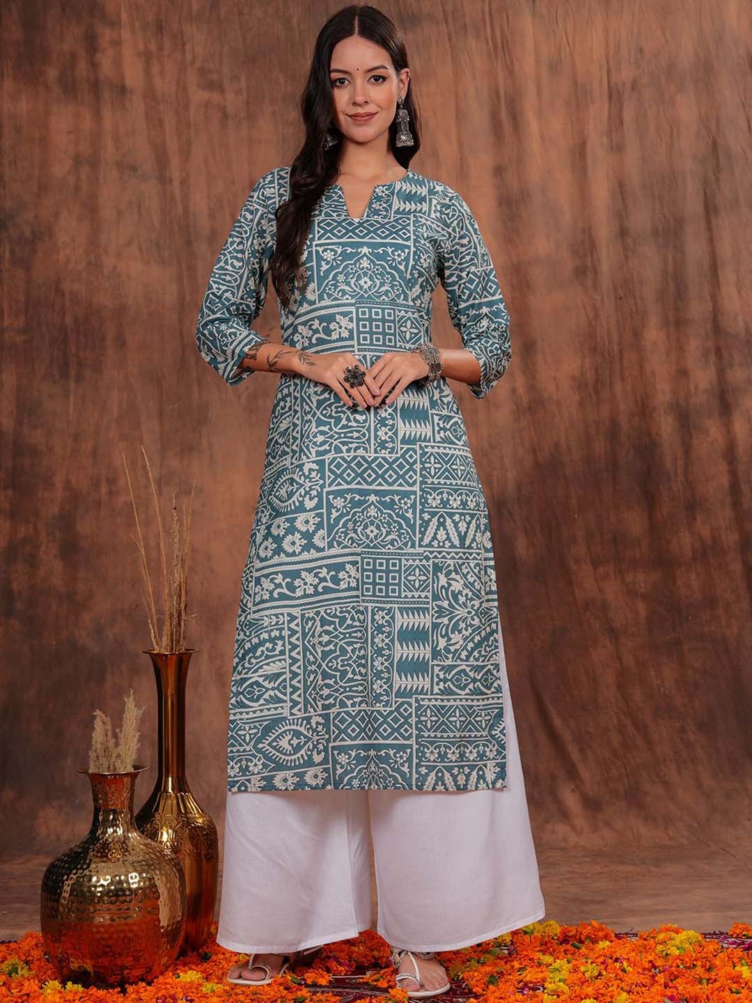 

SHIONS Ethnic Motifs Printed Cotton Straight Kurta, Teal