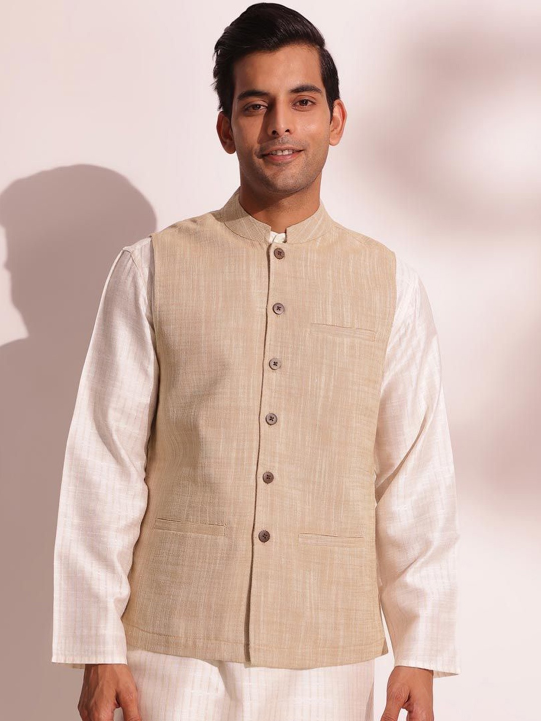 

Fabindia Men Woven Design Pure Cotton Nehru Jackets, Beige