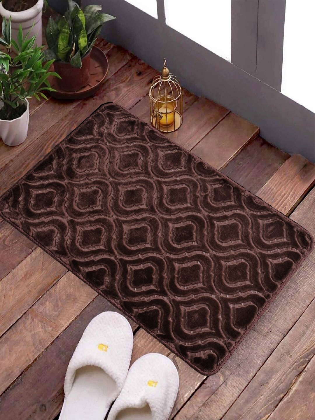 

FABINALIV Coffee Brown Geometric Rectangular Anti Skid Doormat