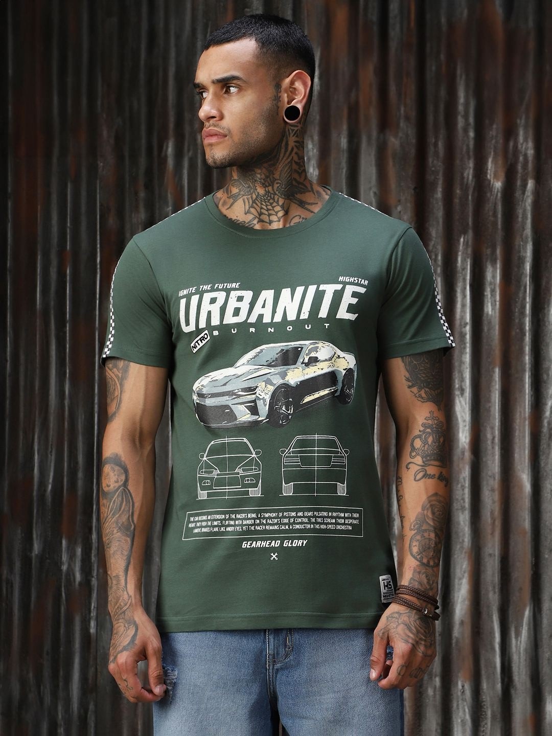 

High Star Men Moto Racer Printed Regular Fit Cotton T-shirt, Green