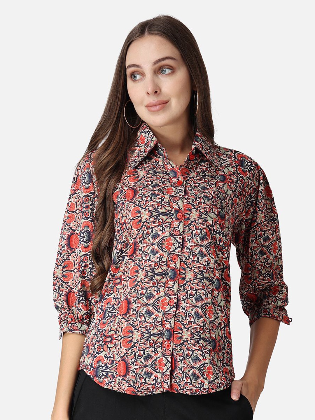 

BAESD Women Classic Spread Collar Abstract Printed Crepe Casual Shirt, Red