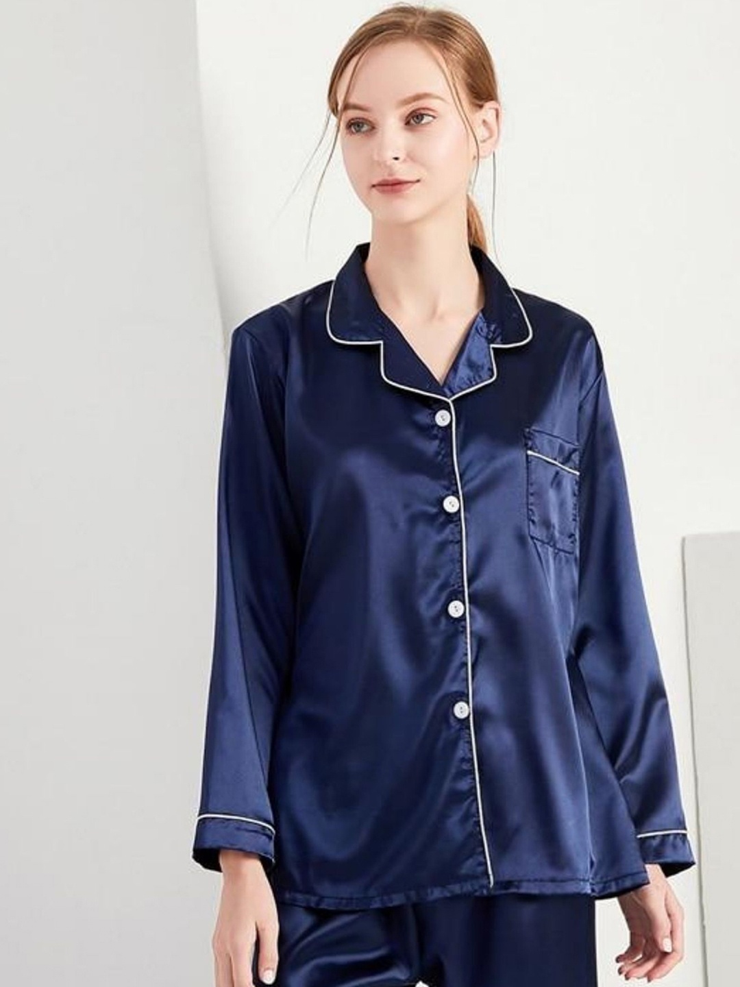 

ANSEE by Addery Women Solid Satin Long Sleeves Night suit, Navy blue