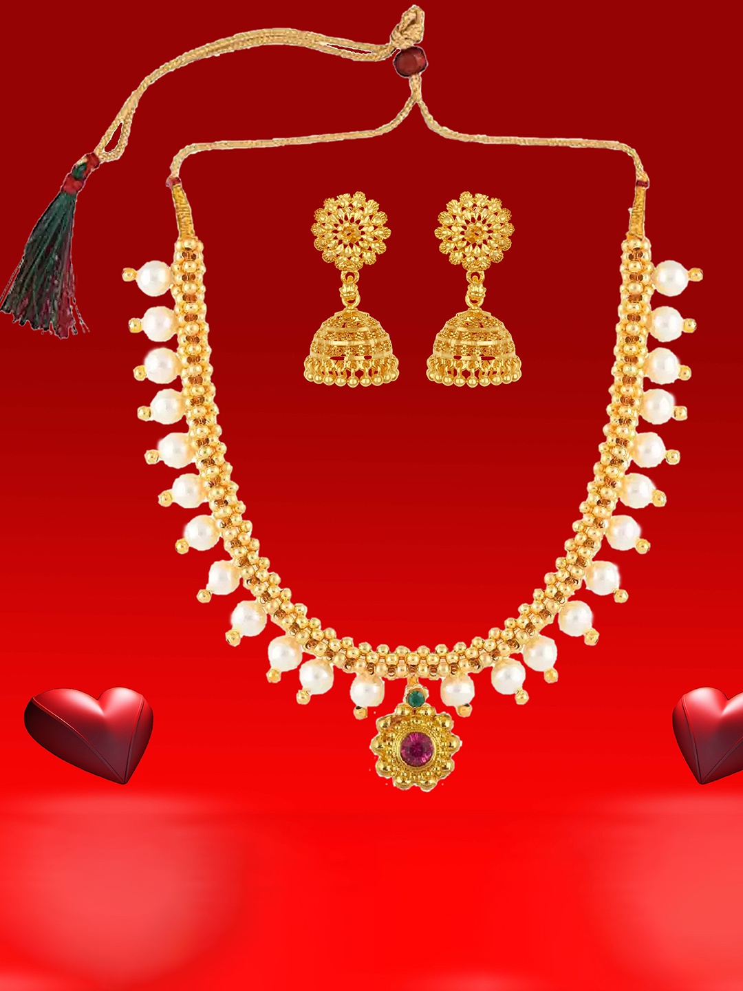 

Heer Collection Gold-Plated Pink & Gold-Toned Necklace With Earrings