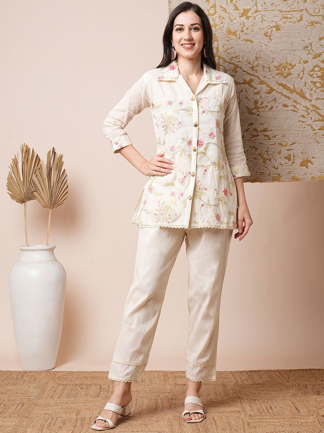 

FASHOR Embroidered Pure Cotton Shirt & Trouser, Off white