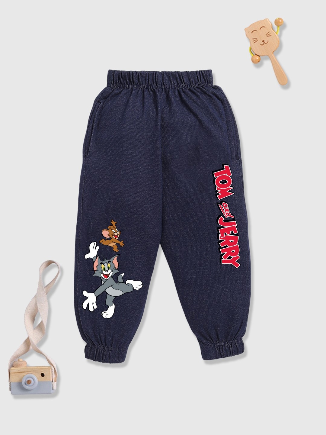 

YK X Minute Mirth Boys Tom & Jerry Printed Cotton Joggers, Navy blue