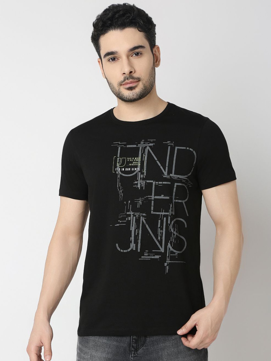 

UnderJeans by Spykar Men Printed Cotton Round-Neck Lounge Tshirts, Black