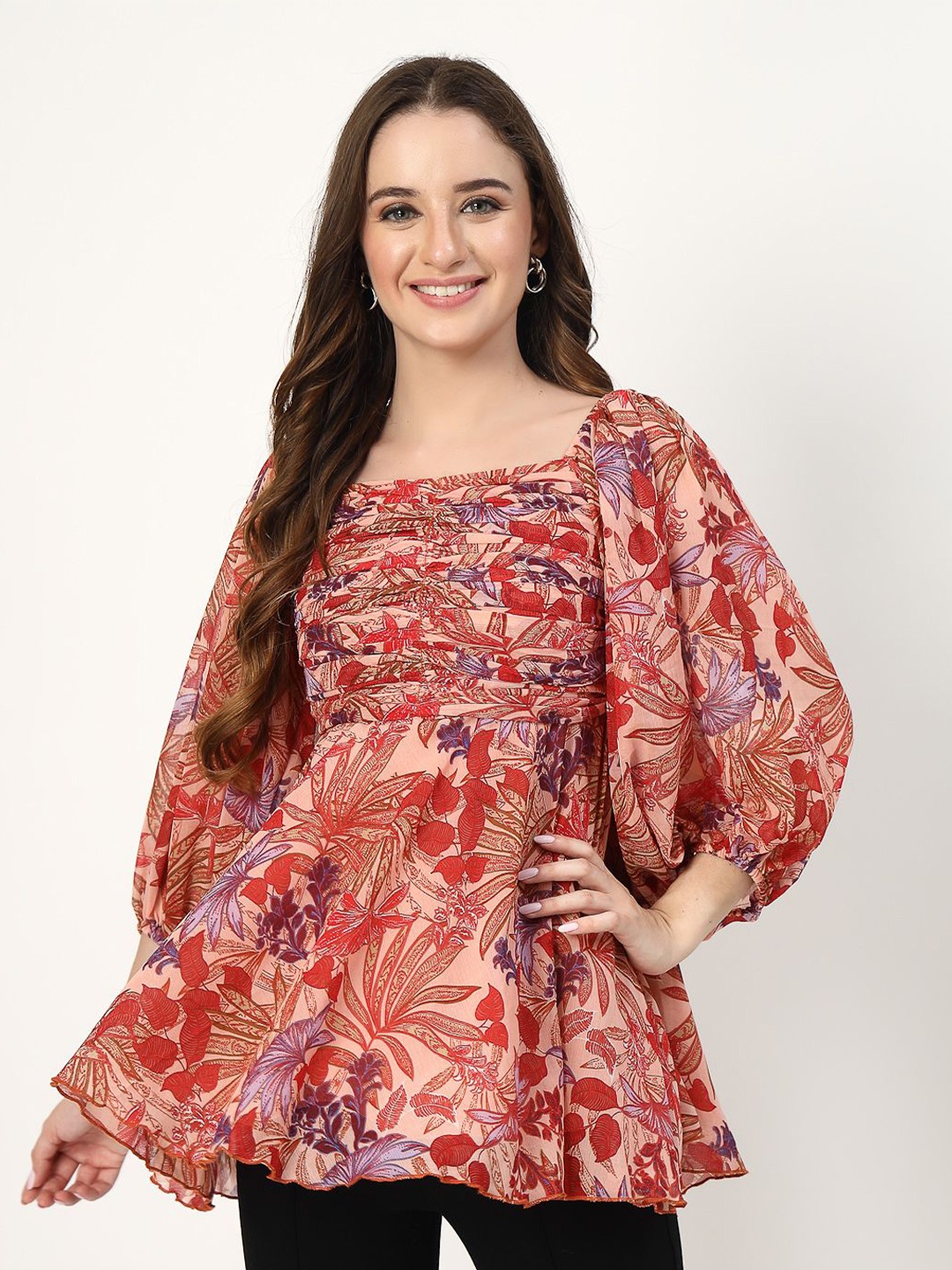 

COSMIC TRIO Women Floral Printed Square Neck Top, Red
