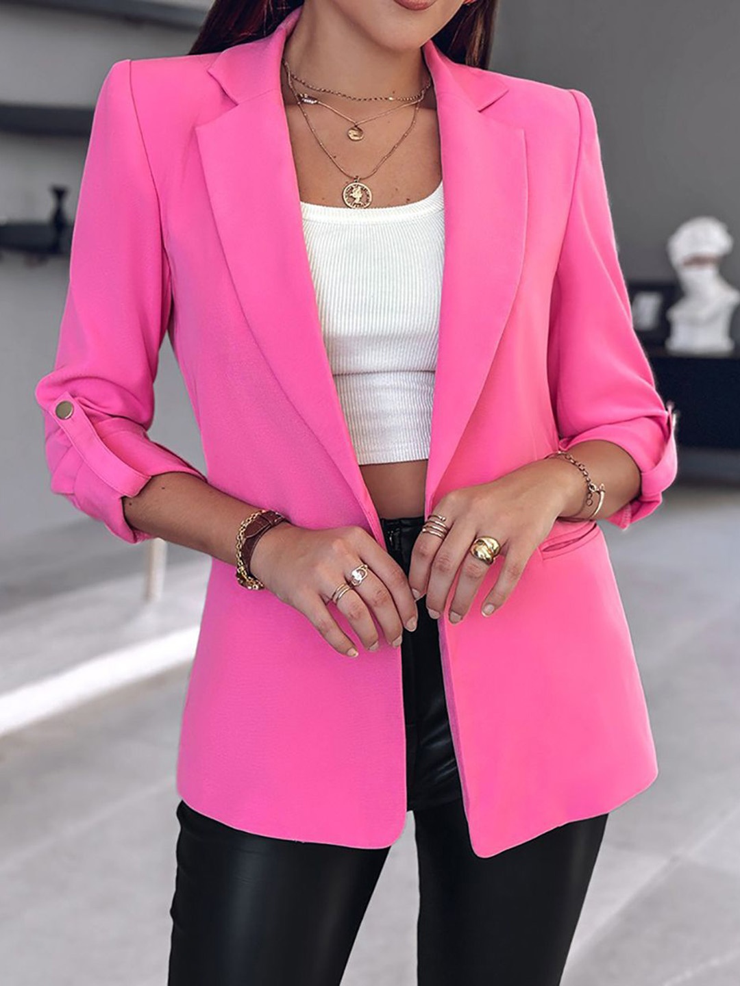 

StyleCast x Revolte Women Lapel Collar Tailored Jacket, Pink