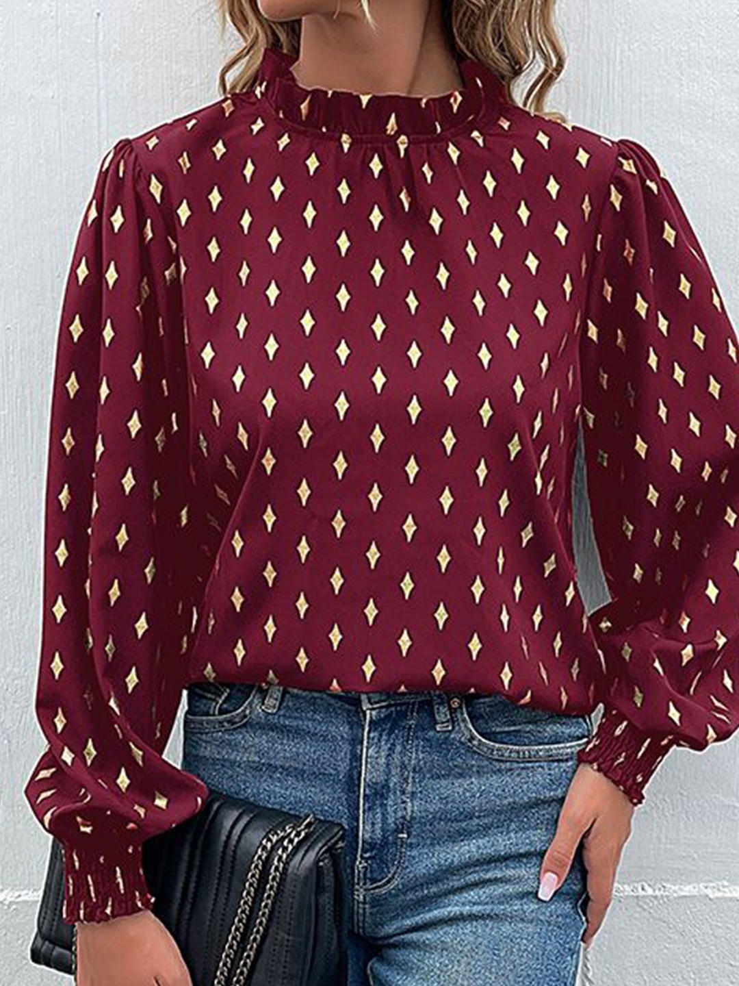 

HERE&NOW Women Conversational Printed High Neck Top, Maroon