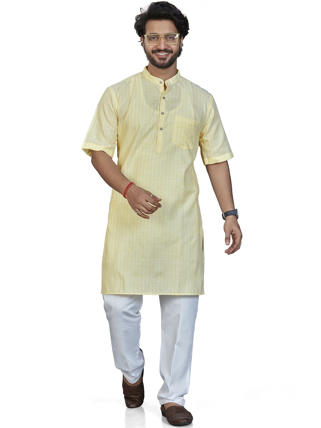 

Authentics Striped Mandarin Collar Straight Kurta, Yellow