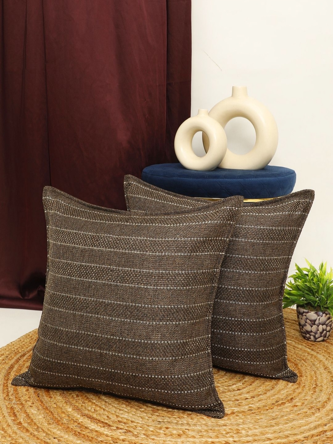 

THE CONVERSION Coffee Brown 2 Pieces Striped Square Cushion Covers