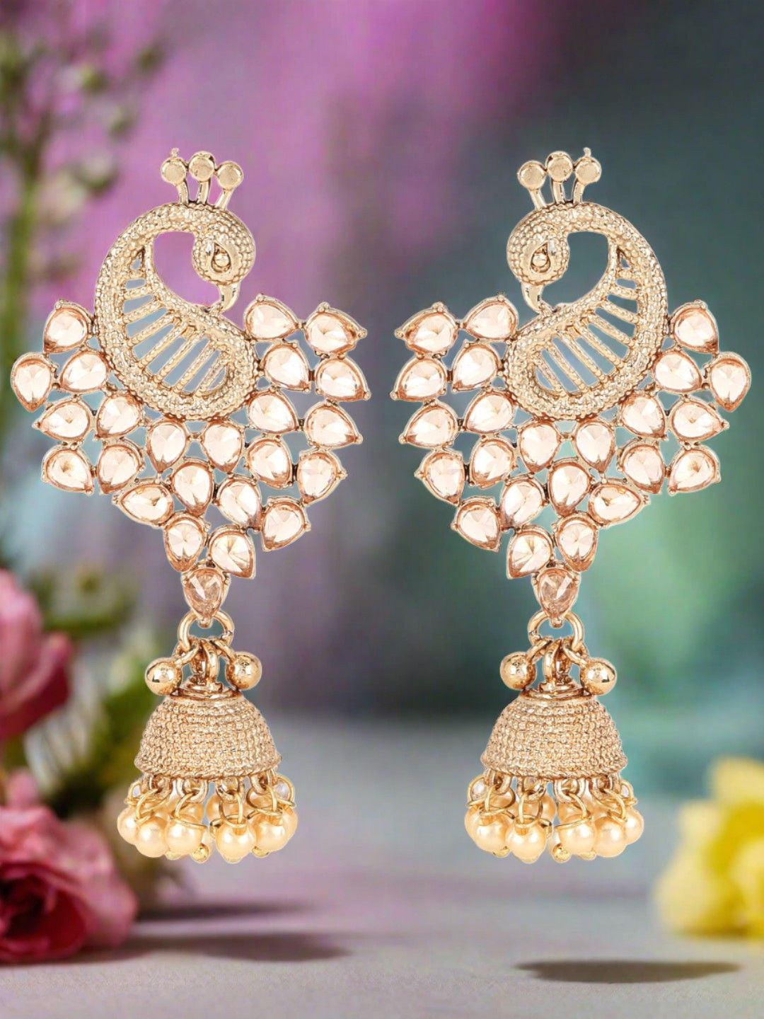 

Jazz and Sizzle Rose Gold-Plated American Diamond Peacock Shaped Jhumkas