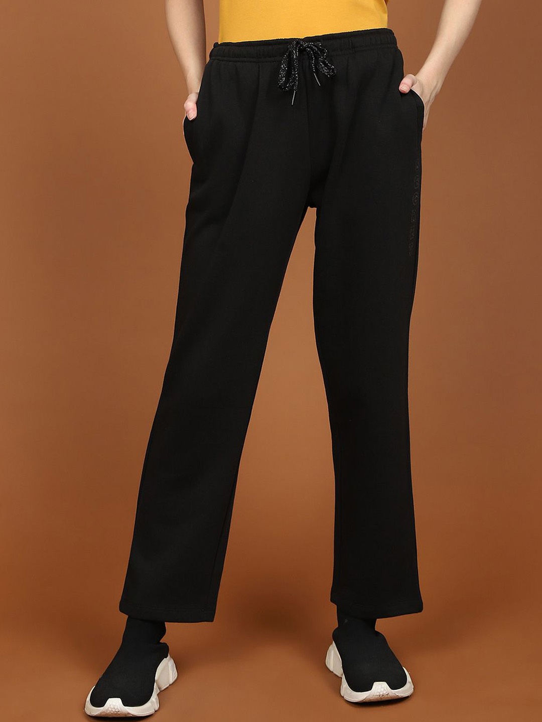 

MADAME M SECRET Women Solid Cotton Mid-Rise Straight Fit Track Pants, Black