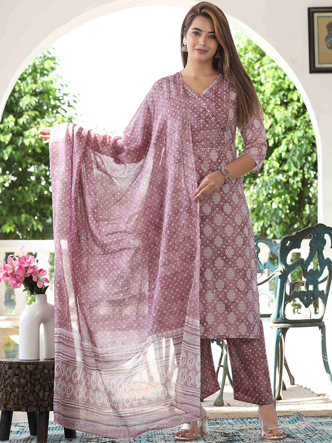 

SINGNI Women Pure Cotton Kurta with Trousers & With Dupatta, Mauve