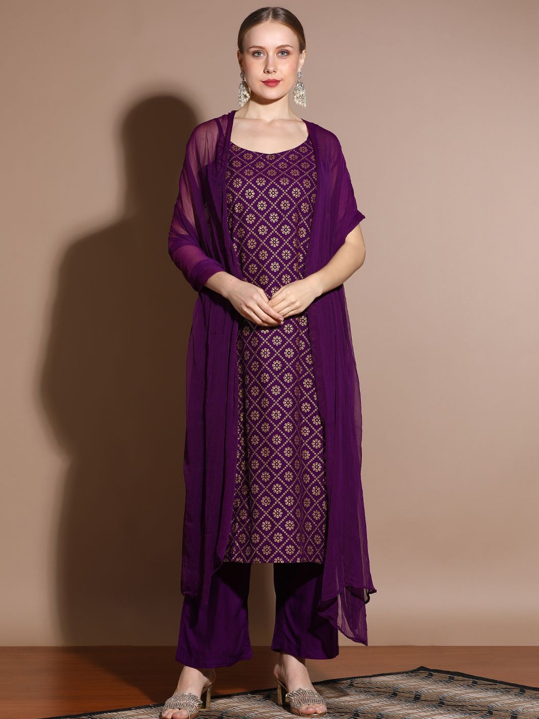 

Jaipur Kurti Rayon Printed Sleeveless Kurta with Pants and Dupatta, Purple