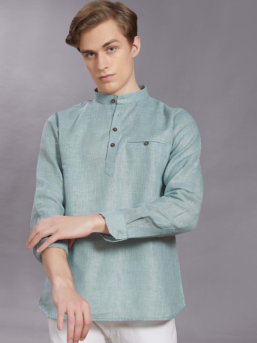 

DIVISIVE Woven Design Band Collar Pure Cotton Straight Kurta, Green