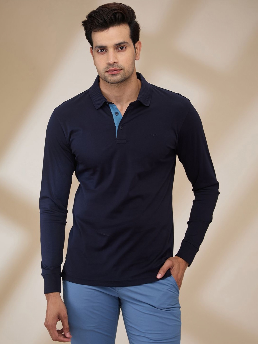 

ColorPlus Men Solid Polo Collar Cotton T-shirt, Navy blue