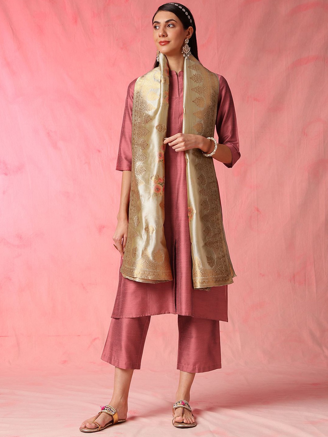 

Anouk Mauve Mandarin Collar Kurta with Palazzo and Dupatta
