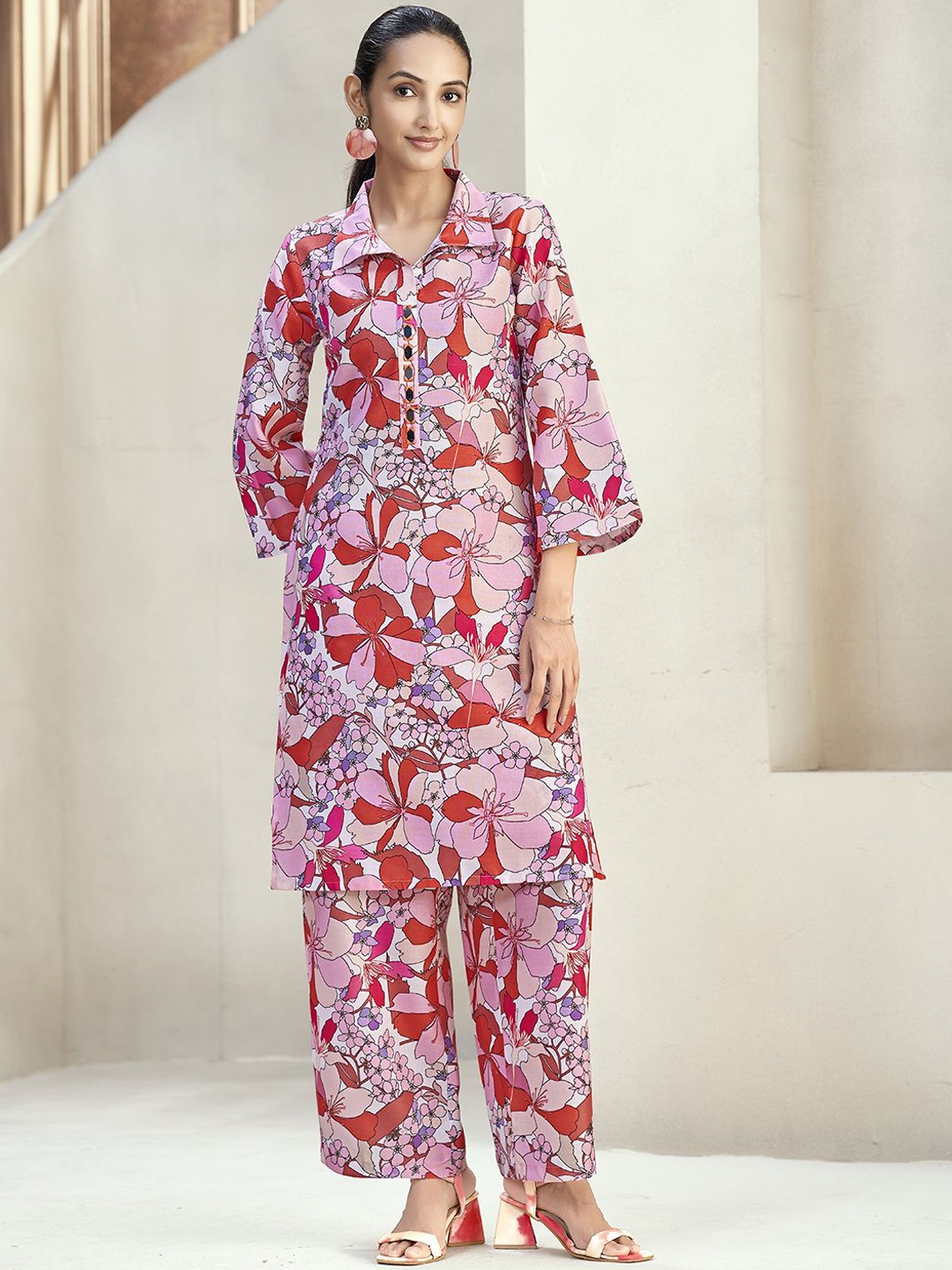 

J Turritopsis Floral Printed Shirt Collar Ethnic Tunic With Trouser, Pink